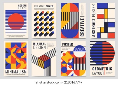 Eight bauhaus inspired posters with square figures, shadows and text. Minimal modern abstract brochures. Abstract retro posters with basic figures templates