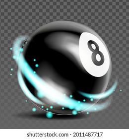 Eight Billiard Ball Sport Game Accessory Vector. Snooker Or Pool Black Ball With Number 8, Sportive Competition. Black Sphere With Abstract Light Template Realistic 3d Illustration