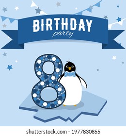 Eight birthday party invitation. Postcard with boy penguin in blue colors.