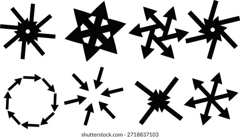Ocho flechas abstractas negras y símbolos en forma de estrella con flechas rotacionales y direccionales