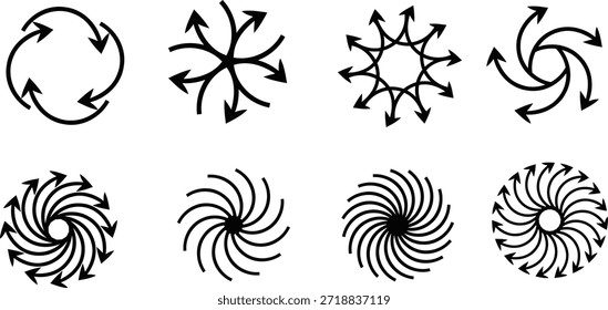 Oito seta preta abstrata circular e símbolos espirais em duas linhas sobre fundo branco Palavras-chave abstrata, circular