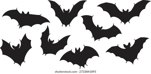 Eight black bat shapes in various flying positions on a plain white background