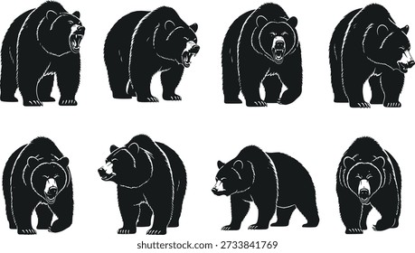 Oito silhuetas de urso preto em diferentes posições e posições sobre um fundo branco