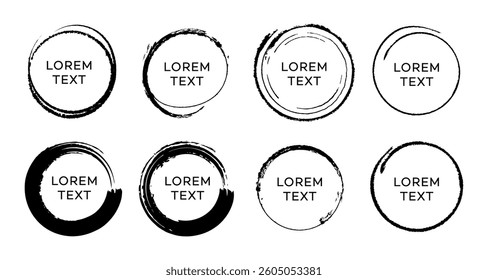 Eight Black Circular Brush Stroke Frames with Lorem Text