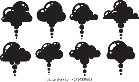 Eight black cloud shapes with raindrops falling from them, arranged in two rows on a white background.