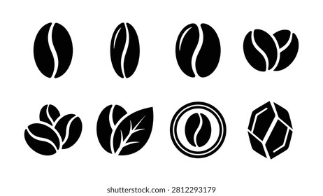 Eight black coffee bean and leaf icons with transparent background designs