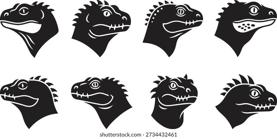 Oito silhuetas de cabeça de dinossauro preto com contornos brancos, exibindo uma variedade de emoções e perfis em um fundo branco simples