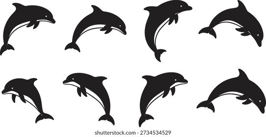 Eight black dolphin silhouettes in various swimming positions on a plain white background