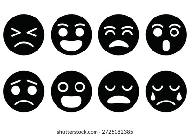 Oito emojis pretos expressam várias emoções
