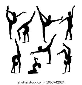 Eight black figures of gymnasts on a white background. Slim sportive woman doing yoga and fitness exercises. Healthy lifestyle. Modern silhouette illustration design. For t-shirt, icons, web, posters