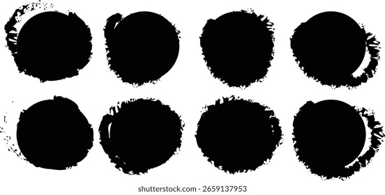 Ocho círculos de tinta negra con bordes ásperos y texturizados están dispuestos en dos filas sobre un fondo blanco.