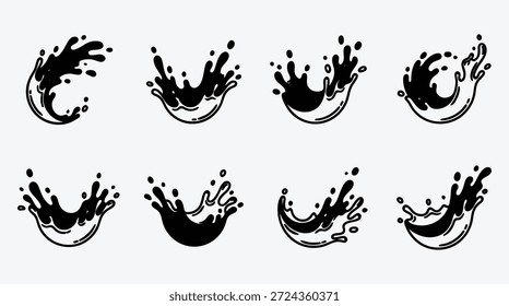 Ocho salpicaduras de tinta negra sobre fondo gris claro Vector gráfico