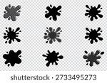 Eight black ink splatters on transparent background for graphic design and art projects creative elements