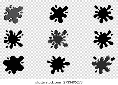 Ocho salpicaduras de tinta negra sobre fondo transparente para proyectos de Diseño gráfico y arte Elementos creativos