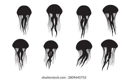 Eight black jellyfish outlines with delicate tentacles create a striking visual pattern. Ideal for marine biology educational materials or ocean-themed design projects.