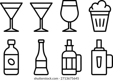 Eight black line of alcoholic drinks and containers