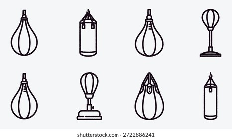 Eight black line drawing punching bags for boxing and fitness training equipment on light gray background