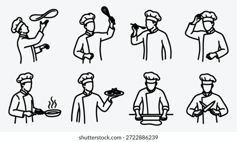 Oito linha preta desenhada ilustrações do chef em poses diferentes cozinhar e preparar a comida com utensílios e ingredientes um prato