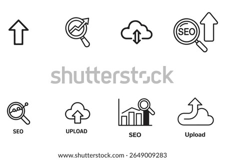 Eight Black Line Icons depicting S E O Search Upload Data Growth Cloud Computing