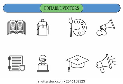 Eight Black Line Icons Education Backpack Paint Palette Megaphone Notebook Graduation Cap