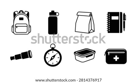 Eight black line icons showing backpack water bottle lunch bag notebook flashlight compass container first aid kit