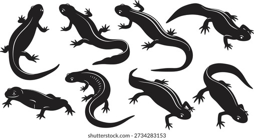 Ocho siluetas de lagarto negro en diferentes posiciones y Orientaciones sobre un fondo blanco liso
