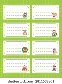 Eight black memo sticky notes of animal series christmas theme with bunny bring holly Jolly text and Hippo bring bells in green background 