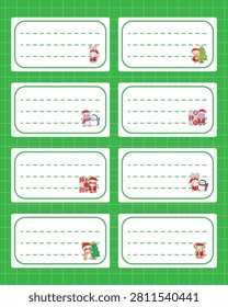 Eight black memo sticky notes of animal series christmas theme with bunny wearing sinterklaas costume and Hippo bring penguin in green background 
