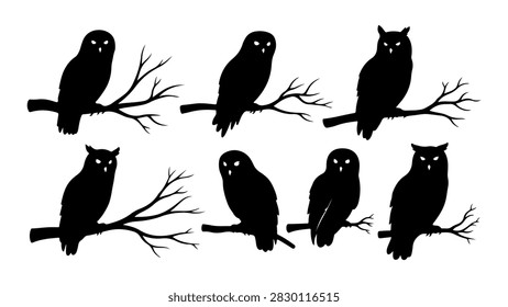 Eight black owl silhouettes perched on branches against a plain background, illustrating nocturnal birds in a minimalist style.