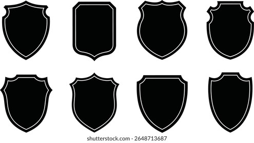 Oito emblemas escudo preto e cristas com contornos brancos são exibidos contra um fundo branco, apresentando várias formas heráldicas e desenhos.