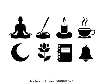 Eight black silhouette on a white background representing daily wellness and mindfulness, including a person meditating, incense, a candle, tea, a moon, a flower, a notebook, and a bell.