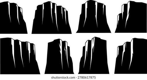 Eight black silhouette vector illustrations of rock formations Yosemite style