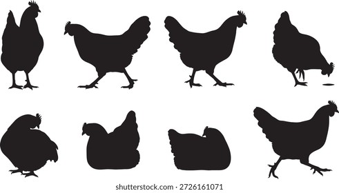 Ocho siluetas negras de pollos en diferentes posturas sobre un fondo blanco