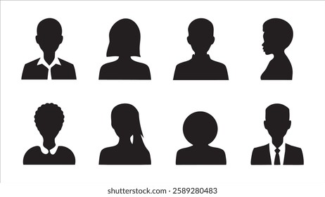 Eight Black Silhouettes Diverse People Icons, Profile Pictures