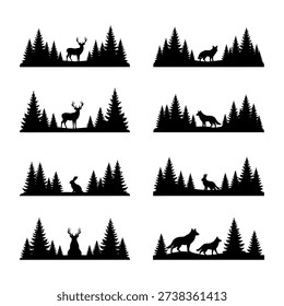 Eight black silhouettes of forest scenes with various animals, including deer and wolves, against a white background.