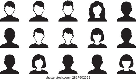 Eight black silhouettes of human heads with different hairstyles are displayed on a white background. The figures are featureless, focusing