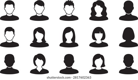 Eight black silhouettes of human heads with different hairstyles are displayed on a white background. The figures are featureless, focusing