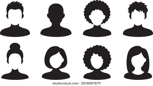 Eight black silhouettes of human heads with different hairstyles are displayed on a white background. The figures are featureless, focusing