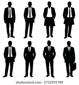 Eight black silhouettes of men in suits and ties on white background businessman business des