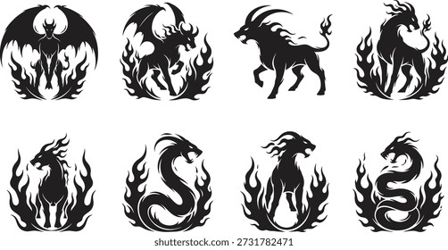 Eight black silhouettes of mythical creatures and dragons amidst flames on a white background
