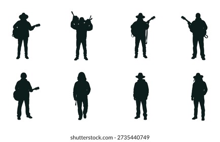 Eight black silhouettes of people playing or carrying guitars musician acoustic guitar