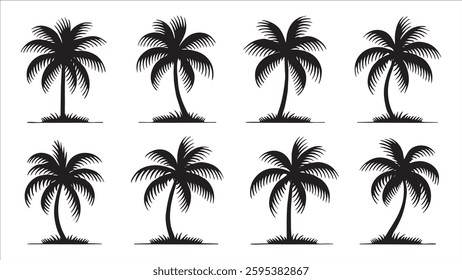 Eight Black Silhouettes of Tropical Palm Trees Collection