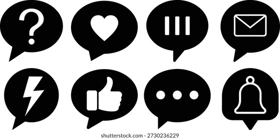 Eight black speech bubble with white symbols question heart pause mail lightning like dots bell mark