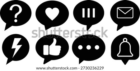 Eight black speech bubble with white symbols question heart pause mail lightning like dots bell mark