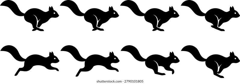 Eight black squirrel silhouettes in running poses isolated on a white background for nature and animal graphics
