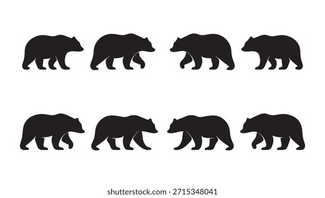 Ocho siluetas de oso de Vector negro caminando en una fila sobre un fondo blanco. Plantilla de diseño de ilustración de Arte vectorial de silueta animal.
