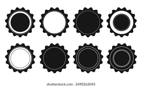 Ocho diseños de iconos de sello circular en blanco y negro con bordes ondulados