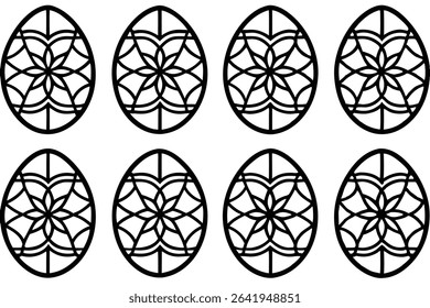 Eight black and white decorative easter eggs with floral pattern for holiday celebrations and spring designs