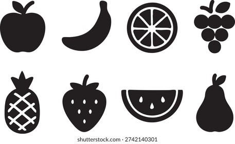 Ocho iconos de frutas en blanco y negro sobre fondo blanco