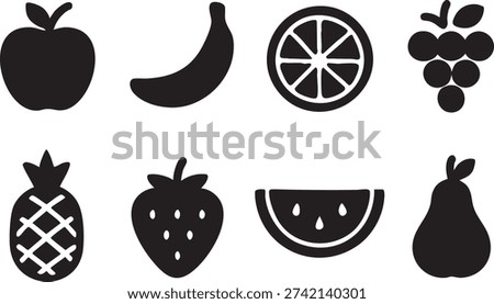 eight black and white fruit icons on white background